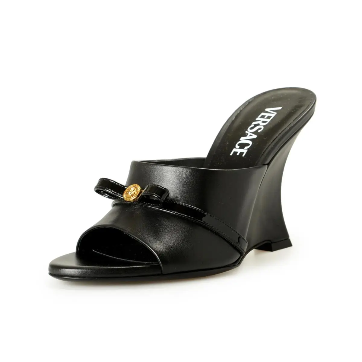 Versace Women`s Black Leather Gold Medusa Heeled Sandals Mules Shoes US 6 IT 36