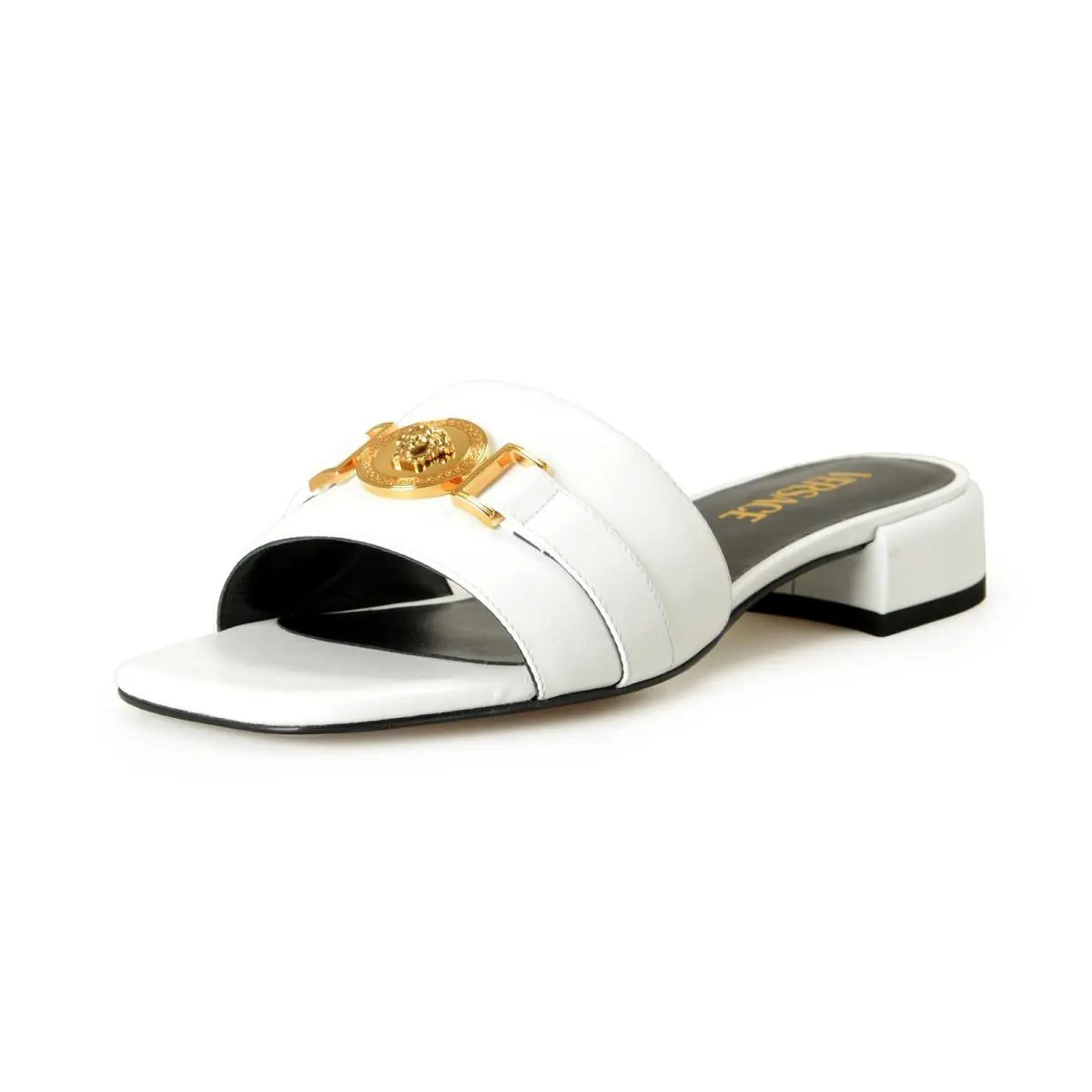 Versace Women`s White Leather Gold Color Medusa Sandals Mules Shoes US 6 IT 36