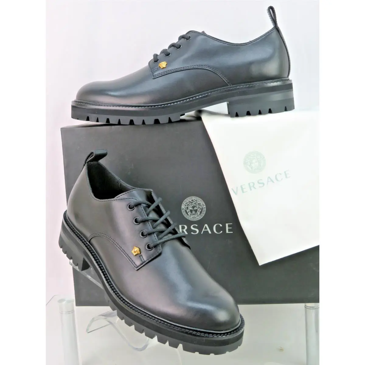 Versace Black Leather Gold Medusa Logo Derby Lug Sole Oxfords 44 11