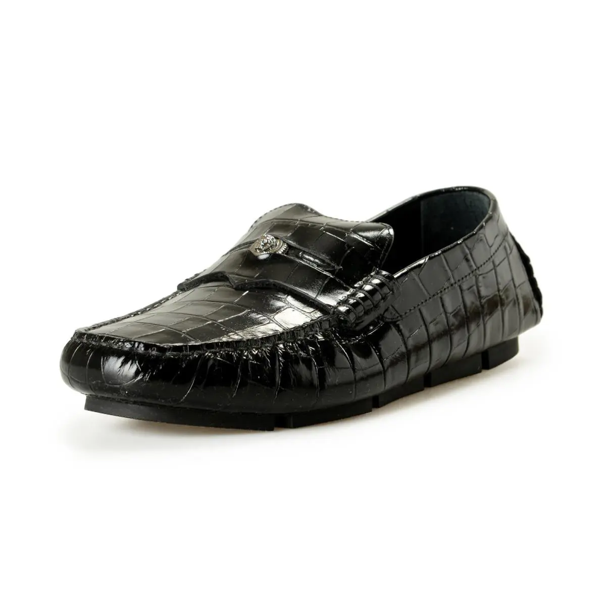 Versace Men`s Croc Print Leather Black Driver Loafers Shoes US 11 IT 44