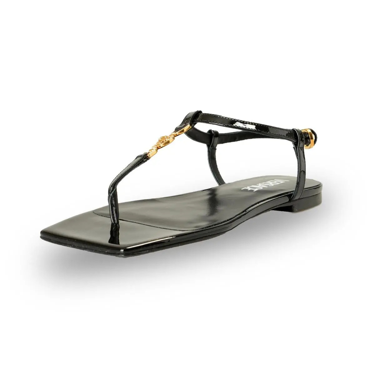 Versace Women`s Black Patent Gold Medusa Leather Flat Sandals Shoes US 6 IT 36