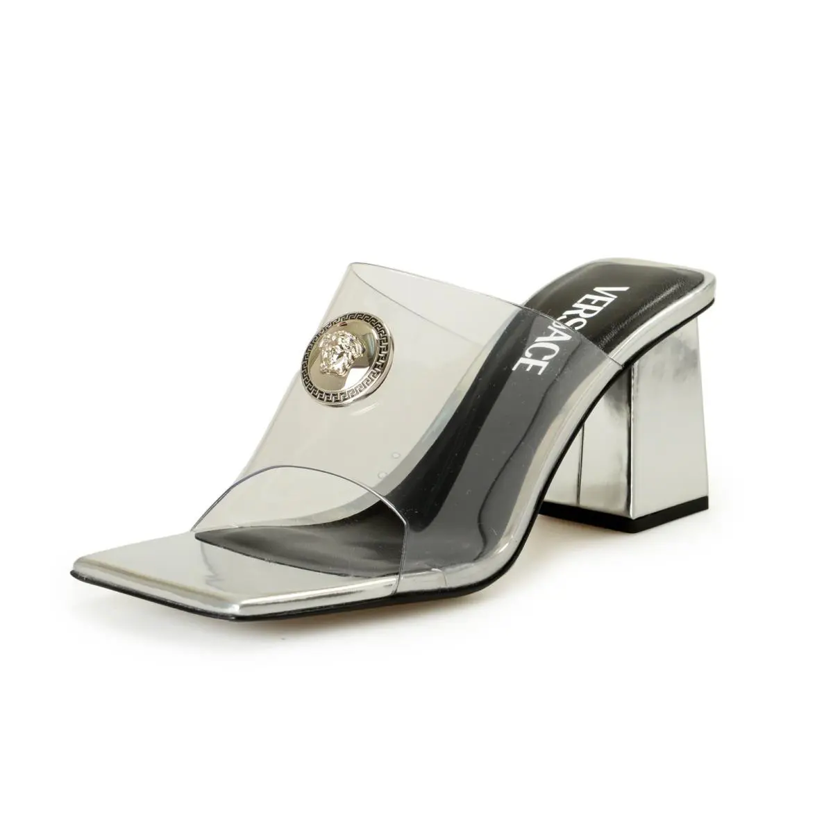 Versace Women`s Silver Leather Transparent Heeled Sandals Mules Shoes US 6 IT 36