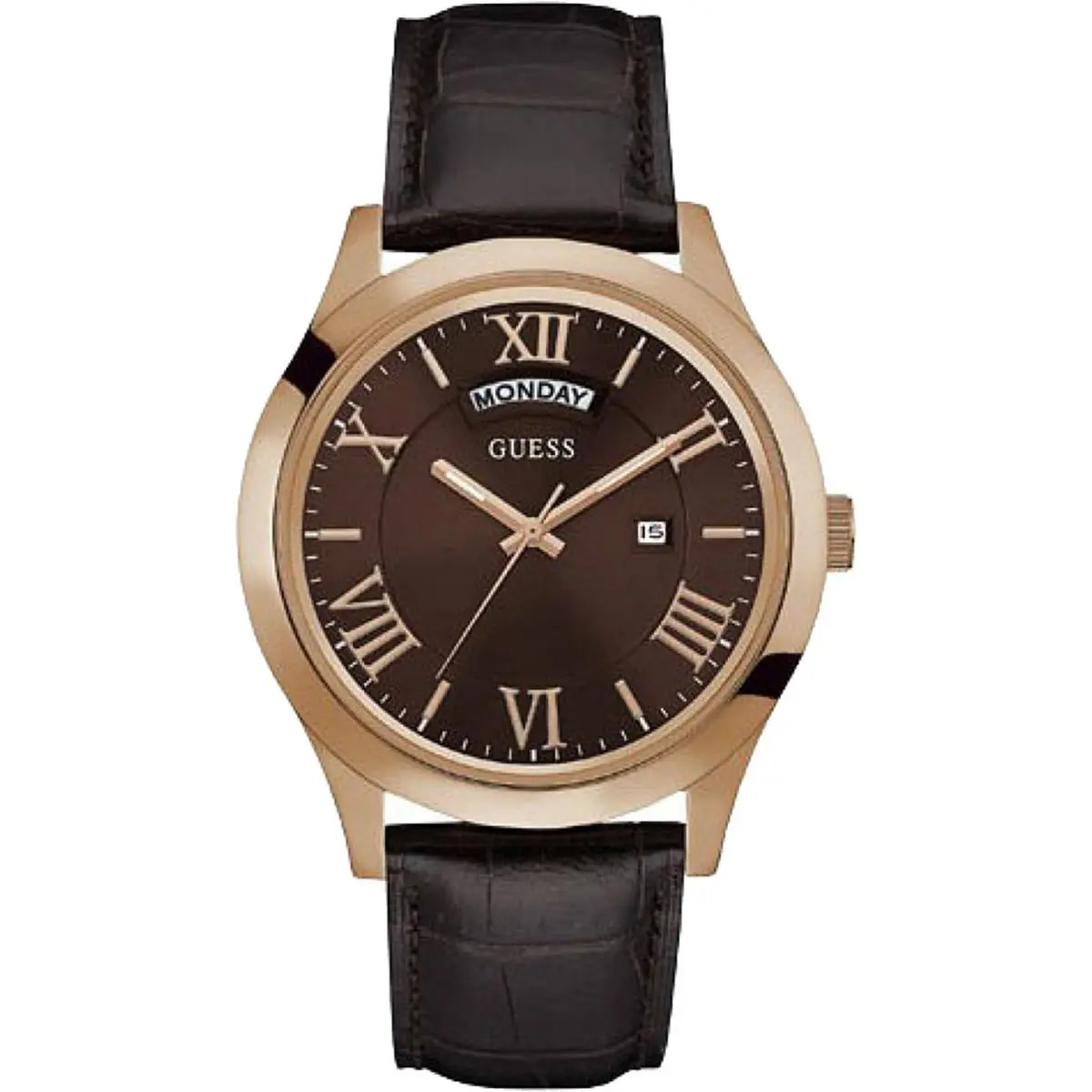 Guess W0792G3 Men Dress Casual Leather Strap Rose Tone Stainless Steel 50m WR