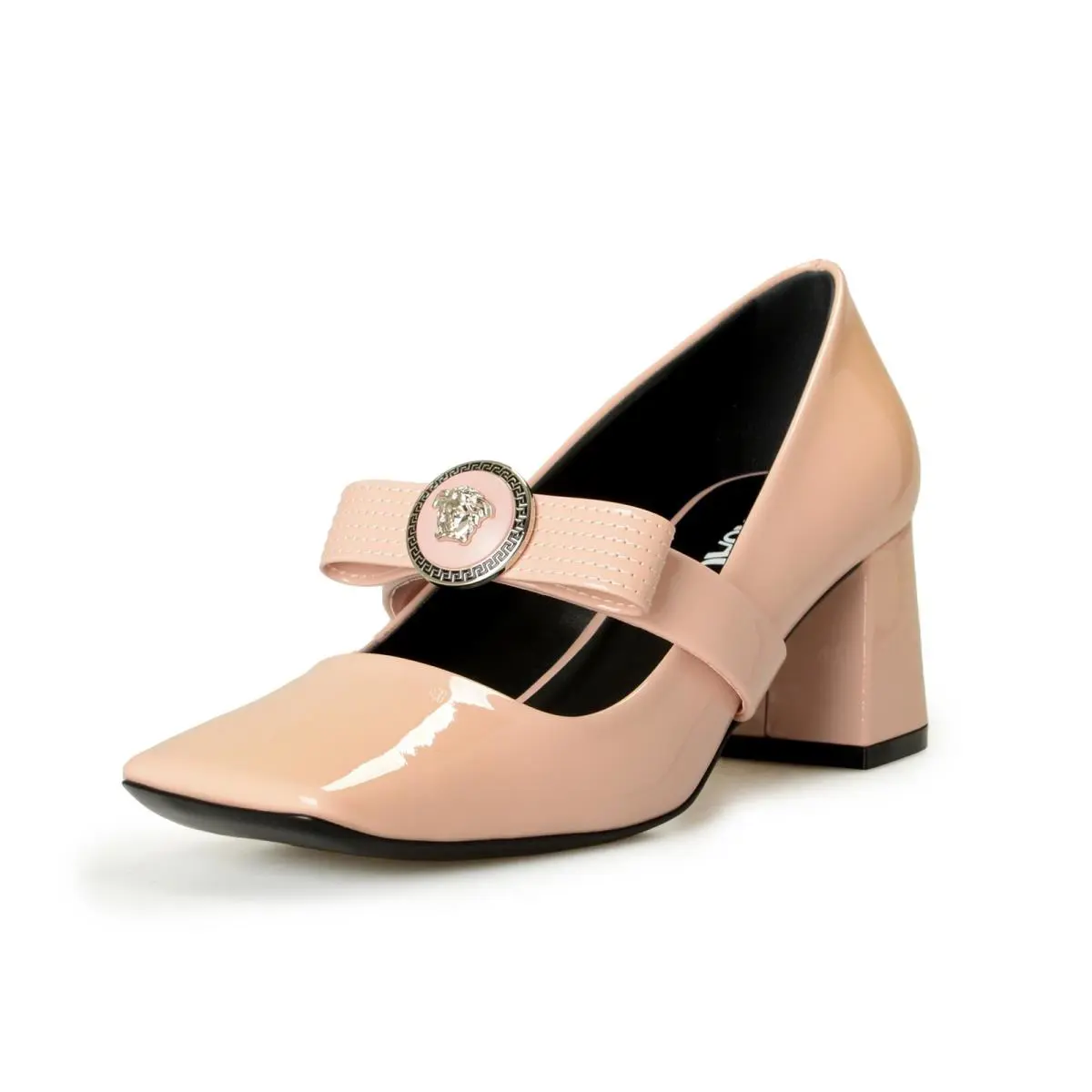 Versace Women`s Silver Medusa Head Patent Leather Pumps Shoes US 9 IT 39 - Dusty Rose/Silver