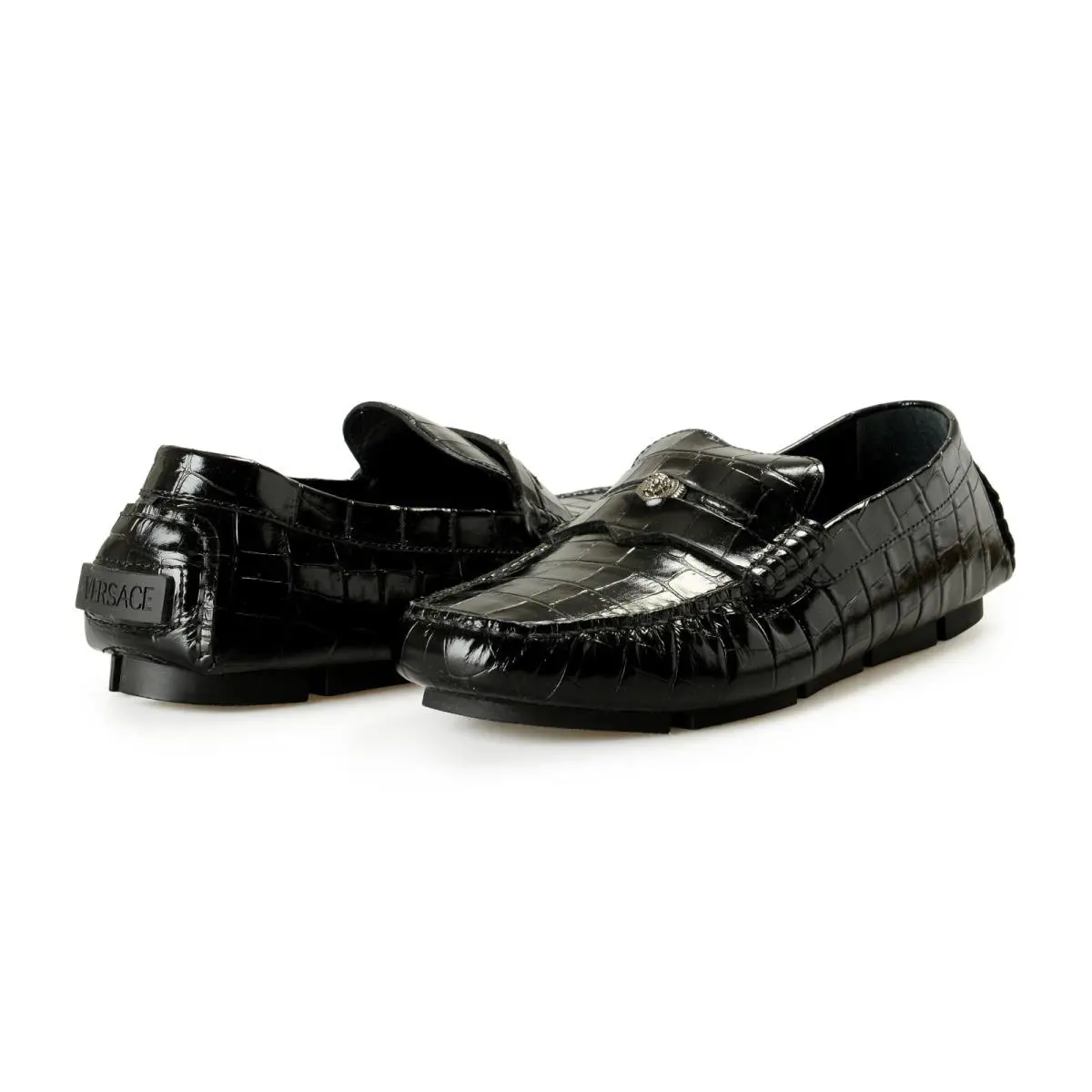 Versace Men`s Croc Print Leather Black Driver Loafers Shoes US 11 IT 44