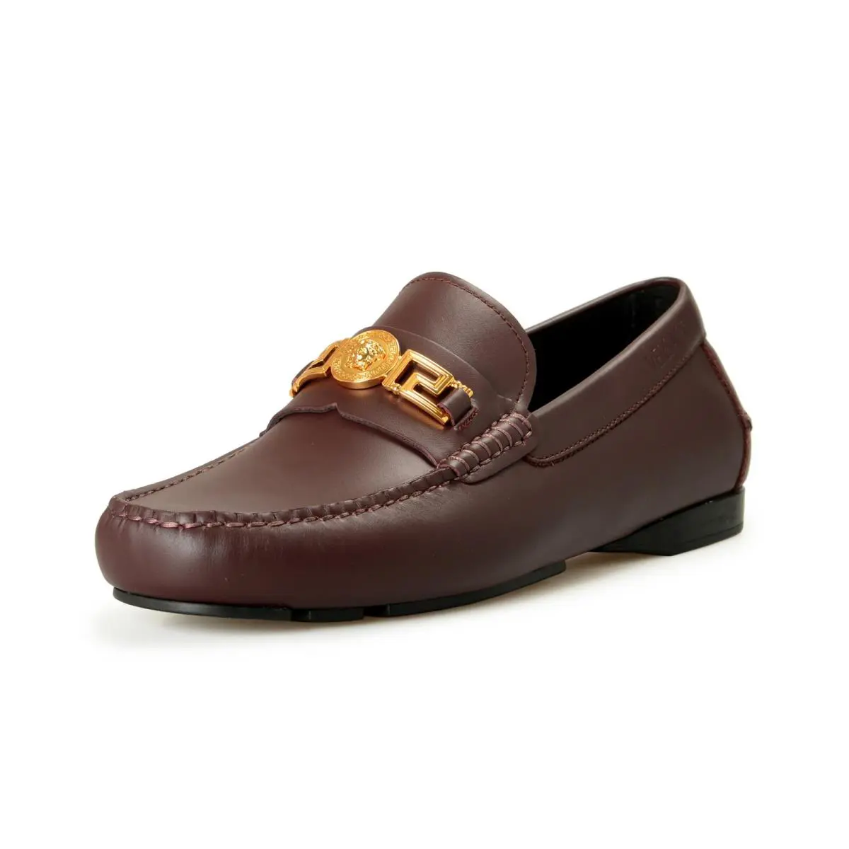 Versace Men`s Burgundy Leather Gold Medusa Driver Loafers Shoes US 10 IT 43 - Burgundy