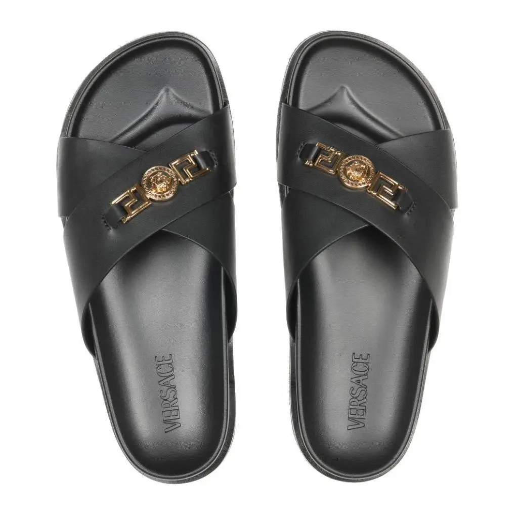 Versace Men`s Black Leather Medusa Head Slide Sandals Shoes 42/ US 9 - Black