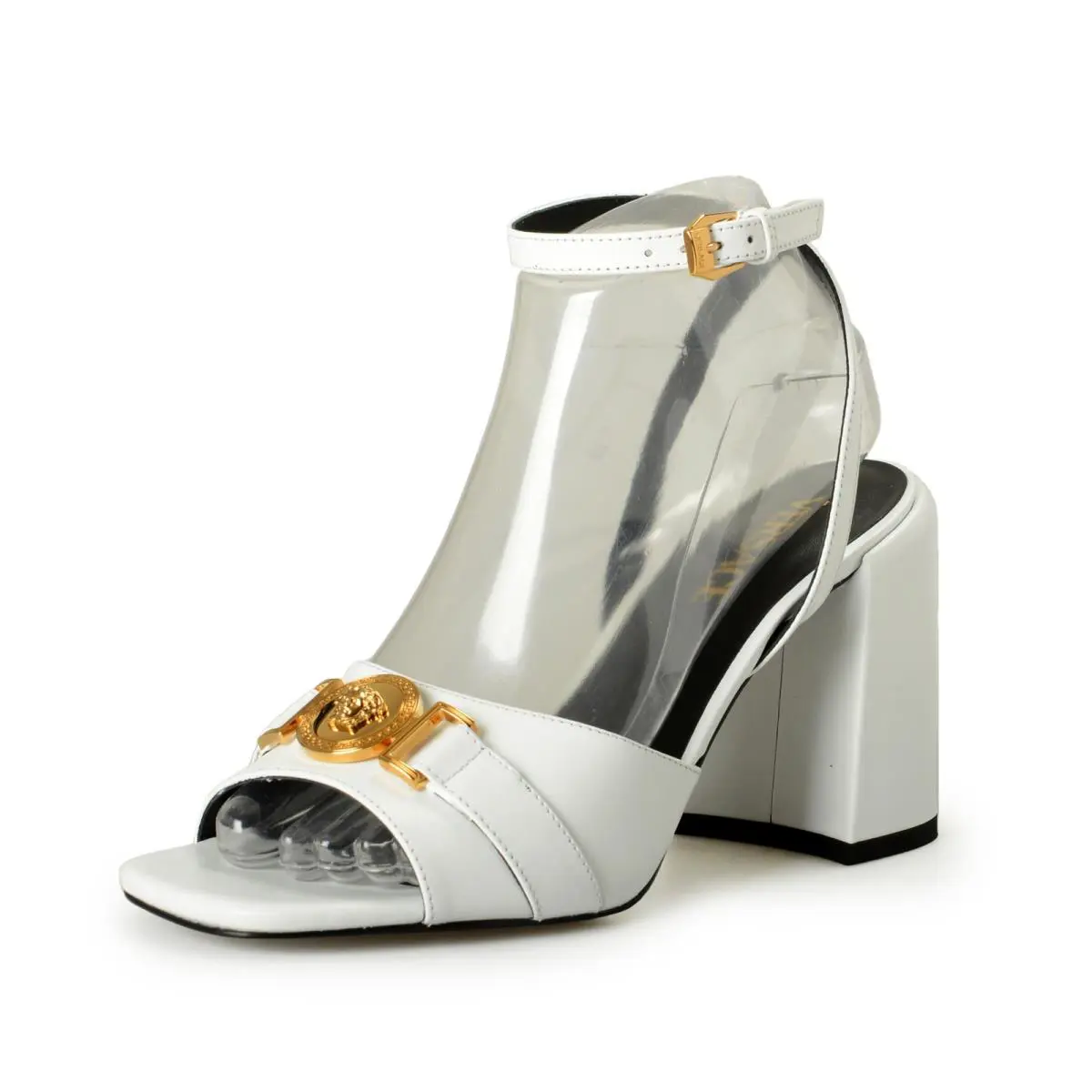 Versace Women`s White Leather Gold Color Medusa Heeled Sandals Shoes US 7 IT 37