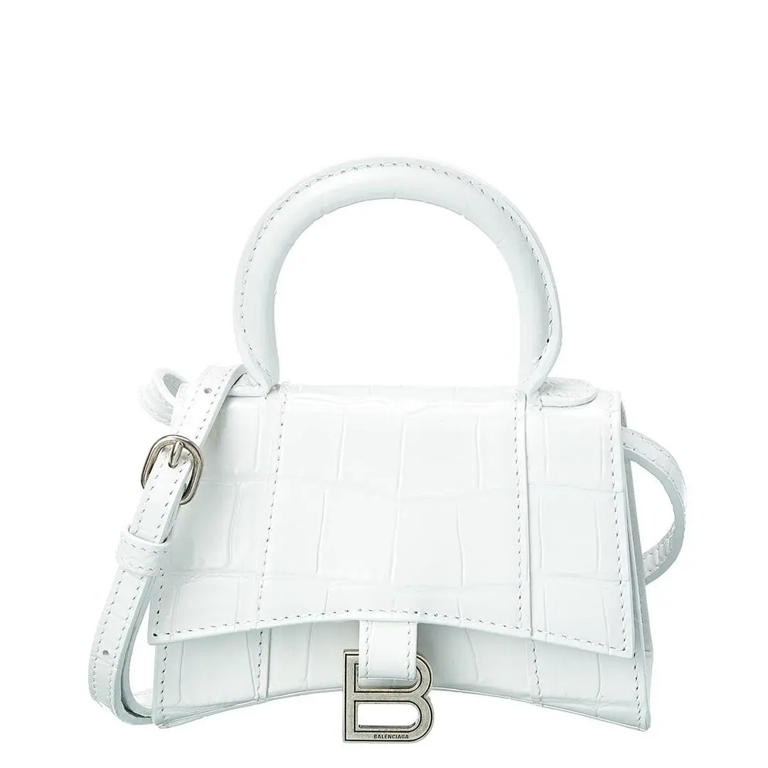 Hourglass Mini Croc-embossed Leather Shoulder Bag Women`s White by Balenciaga