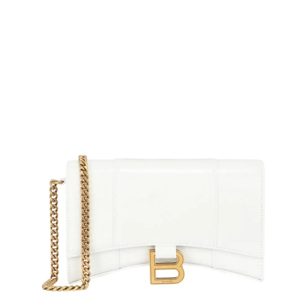 Balenciaga Hourglass Wallet on Chain Crossbody Bag White Calfskin Leather Gold B