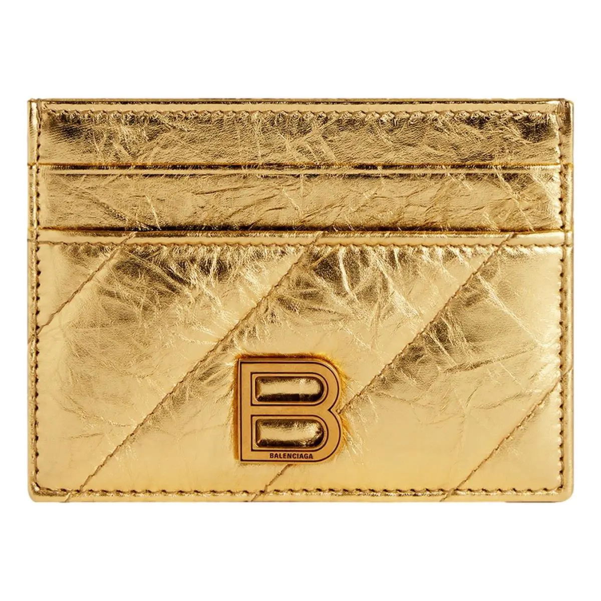 Balenciaga Crush Quilted Metallic Gold Card Holder Wallet BB Logo Leather