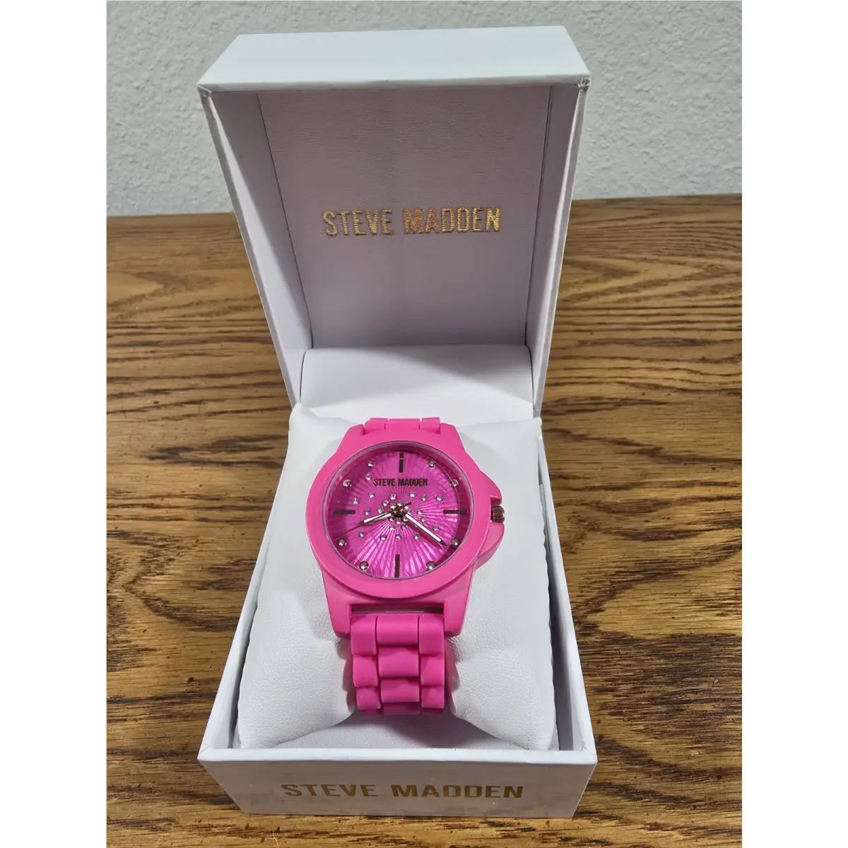 New-women`s Steve Madden Rhinestone/hot Pink Watch Silicone Strap