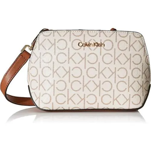 Calvin Klein Lucy Crossbody Bag Small Brown Ivory Triple Compartment Logo Purse