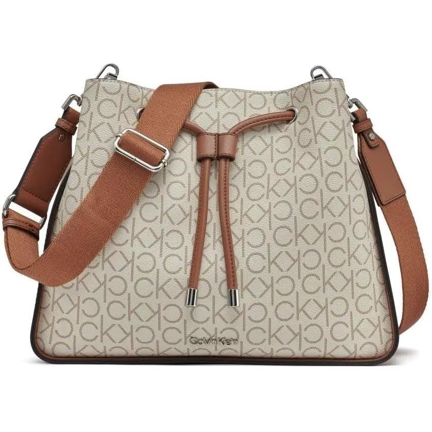 Calvin Klein Bucket Crossbody Womens Beige Brown Logo Drawstring Fay Hobo Bag