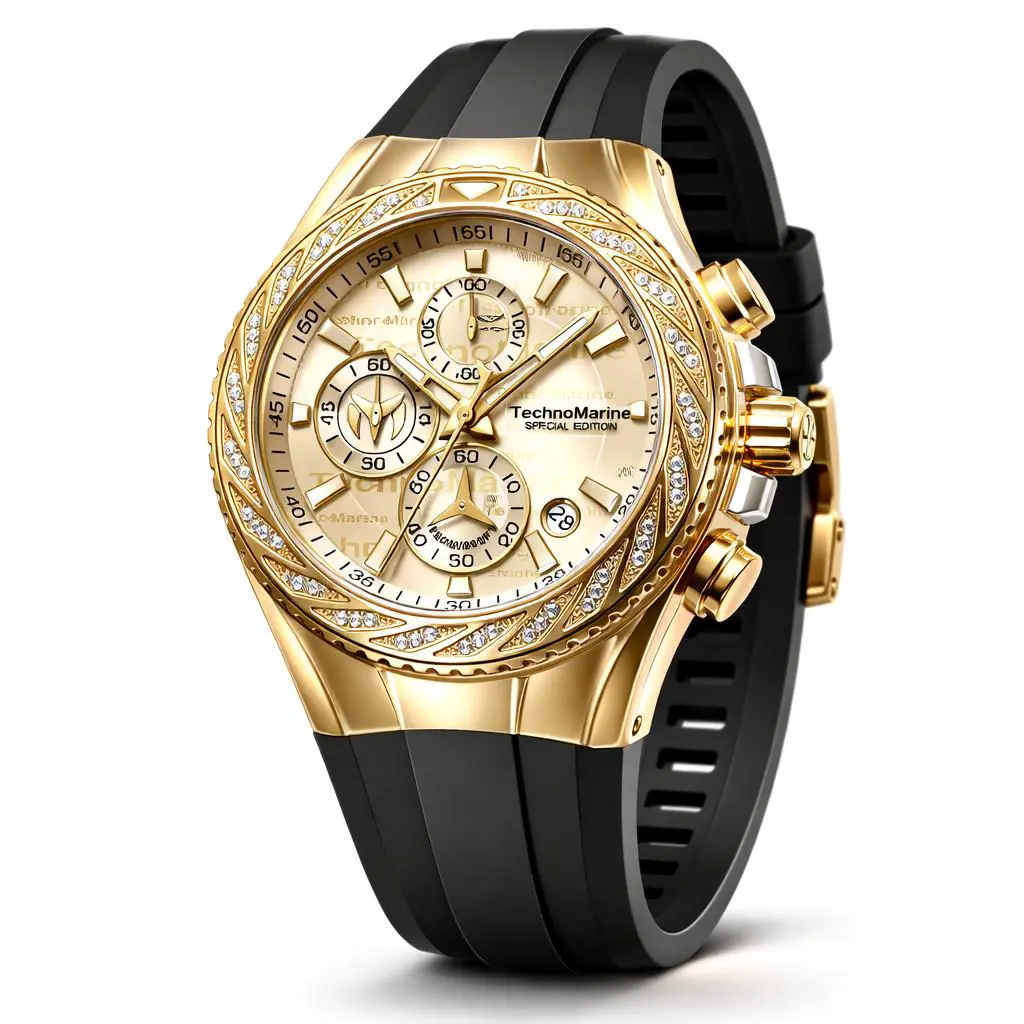 Technomarine Cruise Glitz Crystals 45mm Men`s Chronograph Gold Black TM-125012 - Dial: Gold, Yellow, Band: Black, Bezel: Gold, White, Yellow