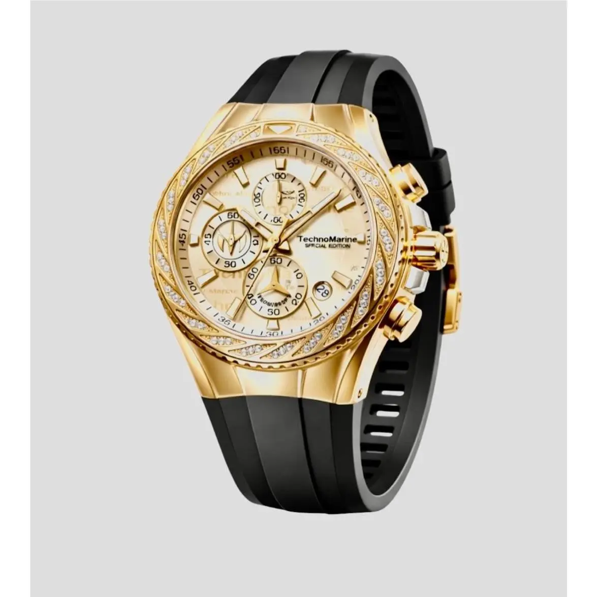 Technomarine TM-125012 Special Edition Cruise Glitz Gold Dial Black Strap 44.5mm - Dial: Gold, Band: Black, Bezel: Gold with Stones