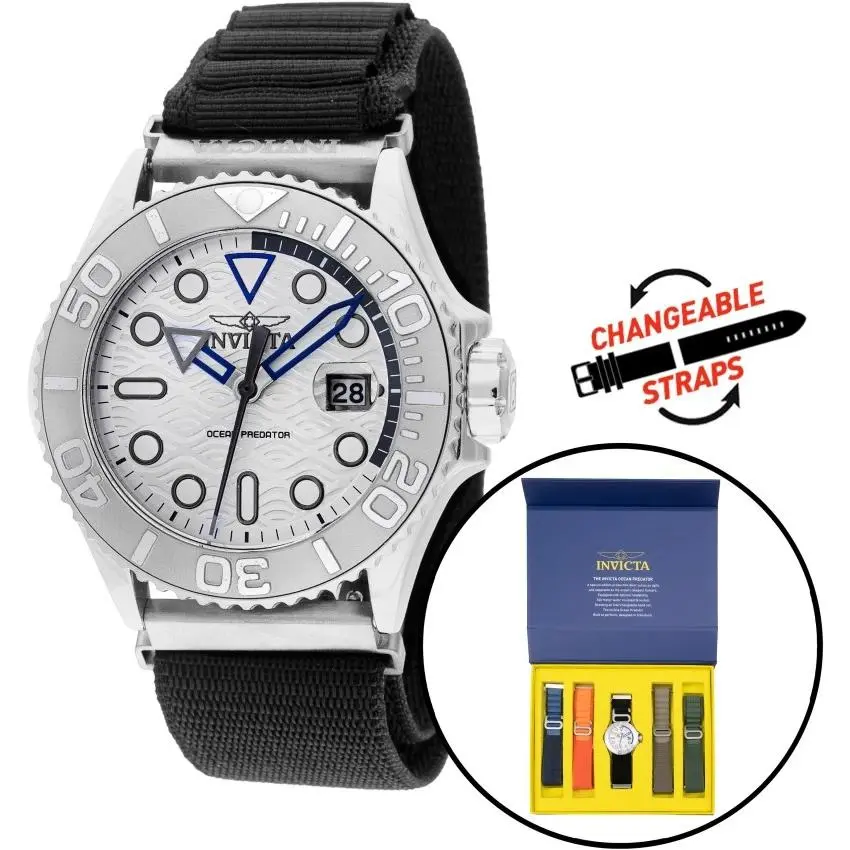 Invicta Ocean Predator Men`s Quartz Watch 44mm 5 Interchangeable Strap 49798 - Dial: Silver, Band: Black, Blue, Green, Orange, Khaki, Bezel: Silver