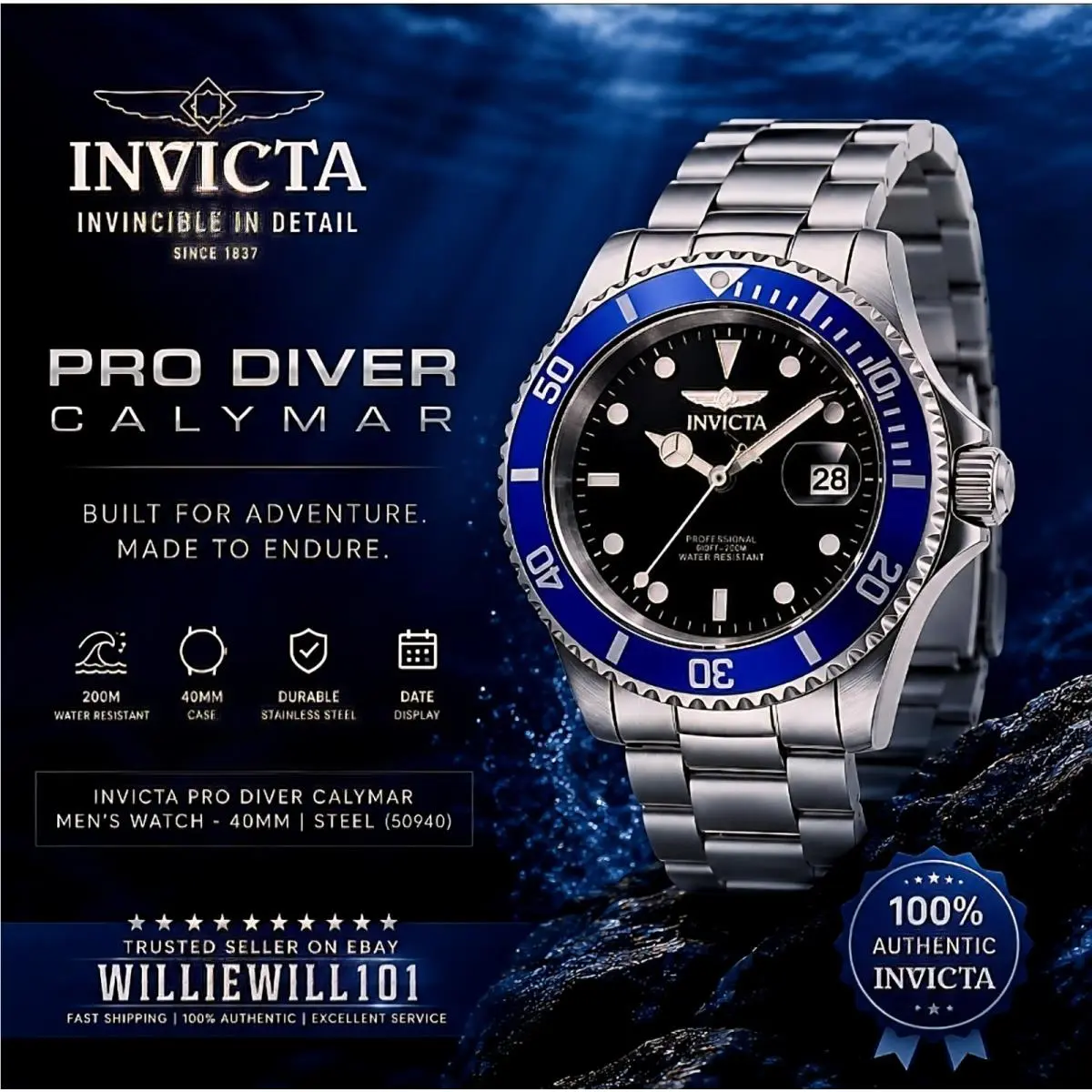 Invicta Pro Diver Men`s Watch - 40mm 50940 Stainless/blue Bezel/black Dial