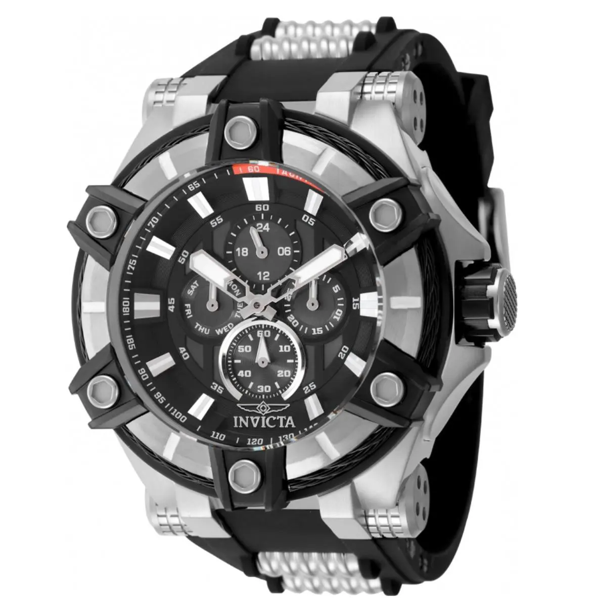 Invicta Bolt Forge Men’s 52mm Quartz Watch Black Silver Day / Date Watch 49406 - Dial: Black, Orange, Silver, White, Band: Black, Bezel: Black, Silver