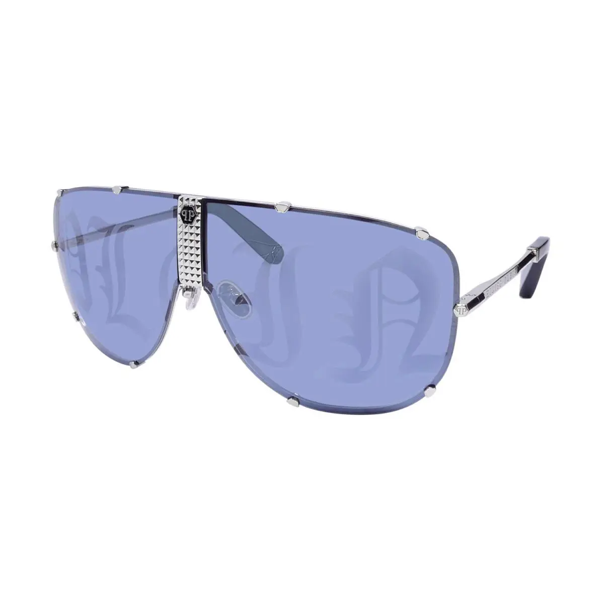 Philipp Plein SPP075 Plein Stud Sunglasses Oversized Unisex Silver 579L