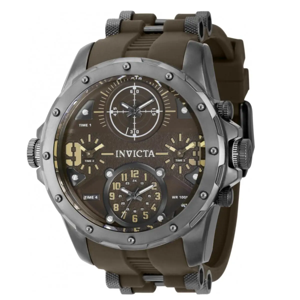 Invicta Coalition Forces Sniper Mens 50mm 4-Time Zone Brown Military Watch 39357 - Dial: Black, Brown, White, Band: Brown, Bezel: Gray