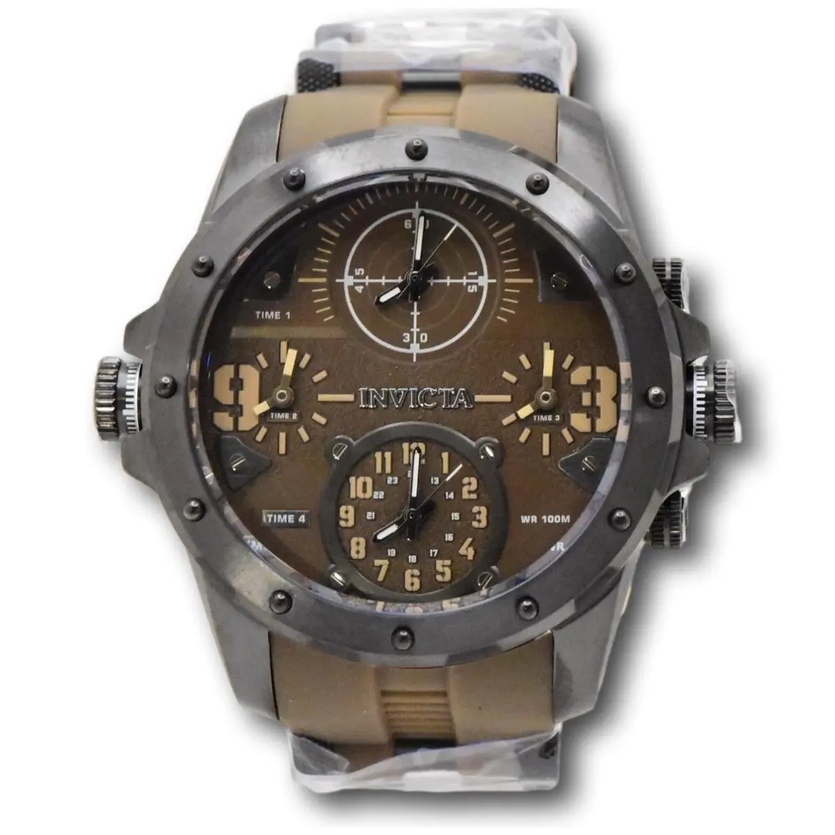 Invicta Coalition Forces Sniper Mens 50mm 4-Time Zone Brown Military Watch 39357 - Dial: Black, Brown, White, Band: Brown, Bezel: Gray