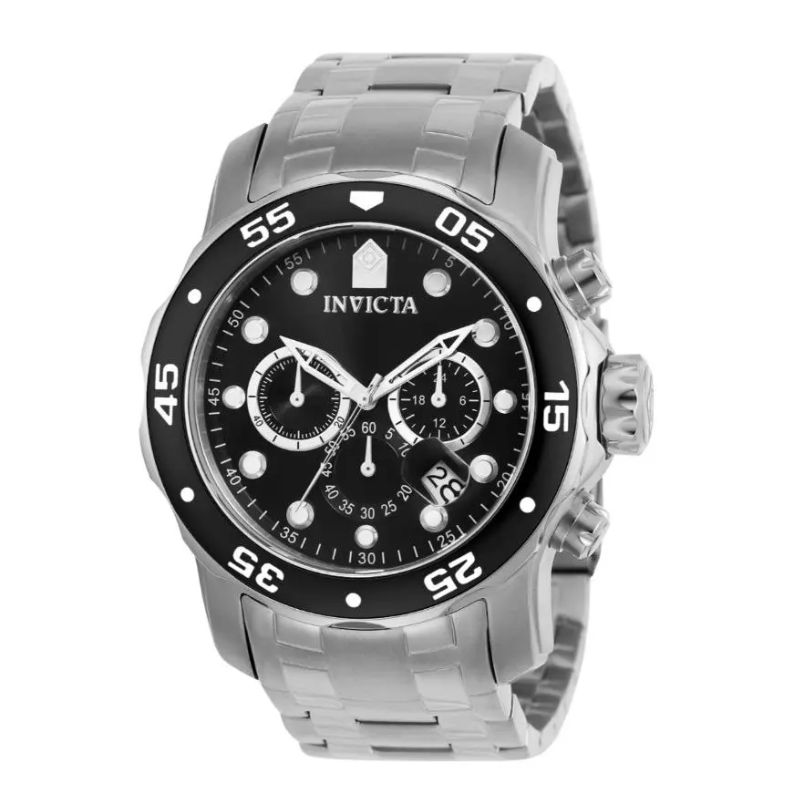 Invicta Pro Diver Scuba Mens 48mm Silver Black Dial Chronograph Steel Watch 0069
