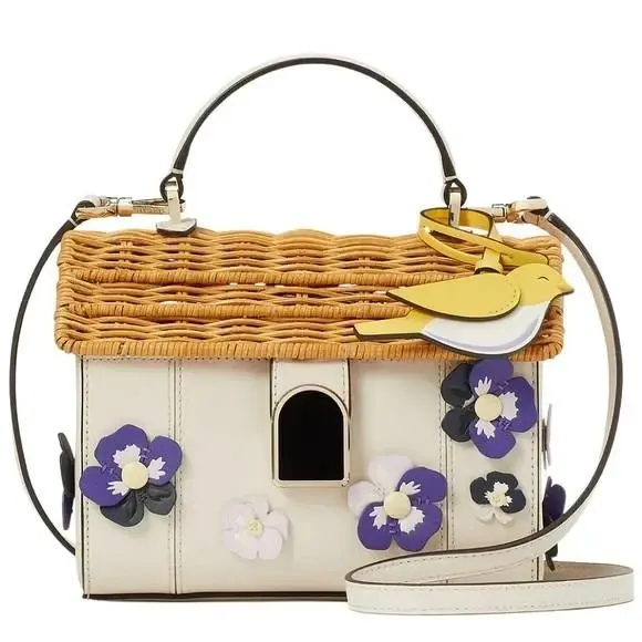 Kate Spade Leather Wicker Wild Petal Bird House Crossbody Bag Purse