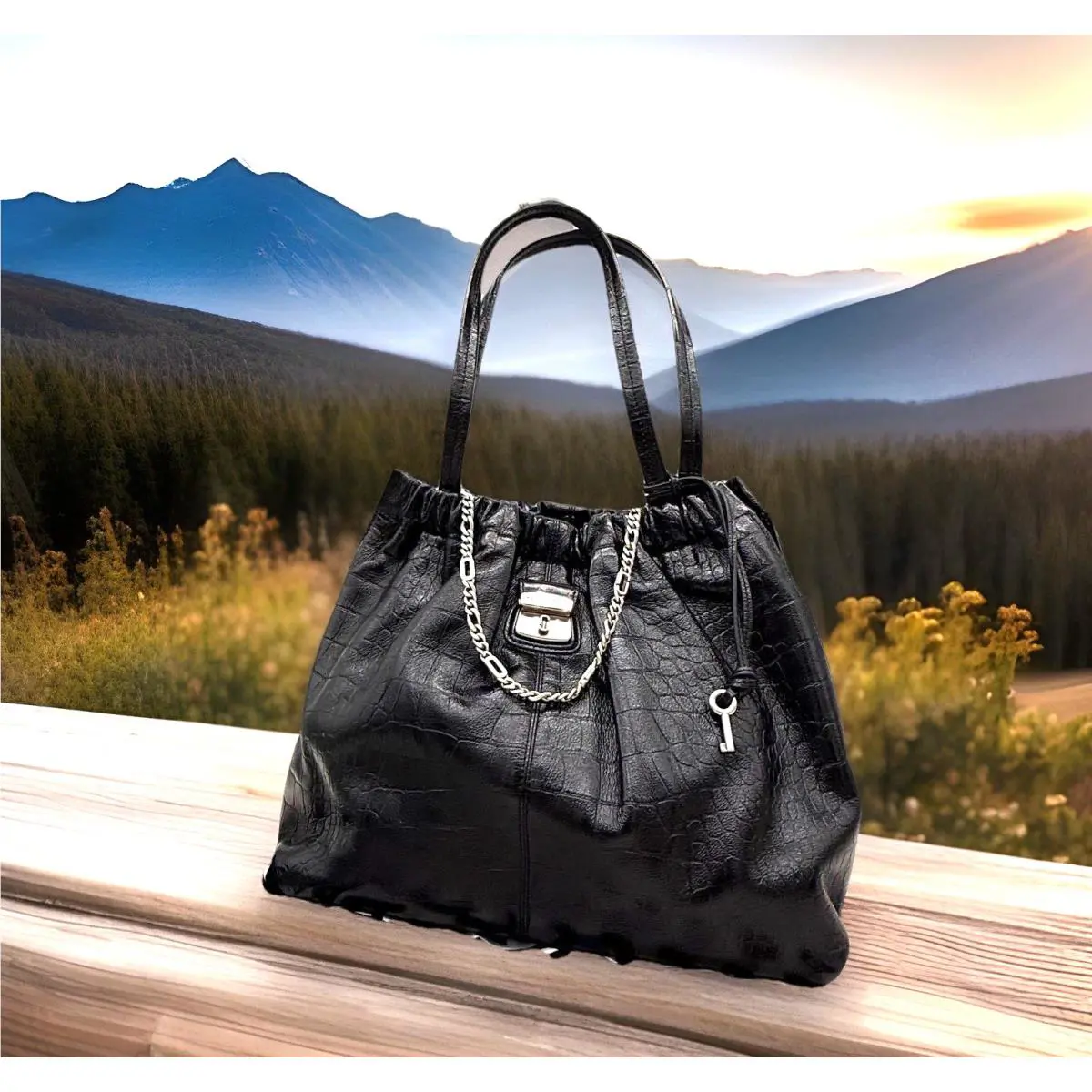 Marc Jacobs The Christina Croc Embossed Leather Charm Tote In Black
