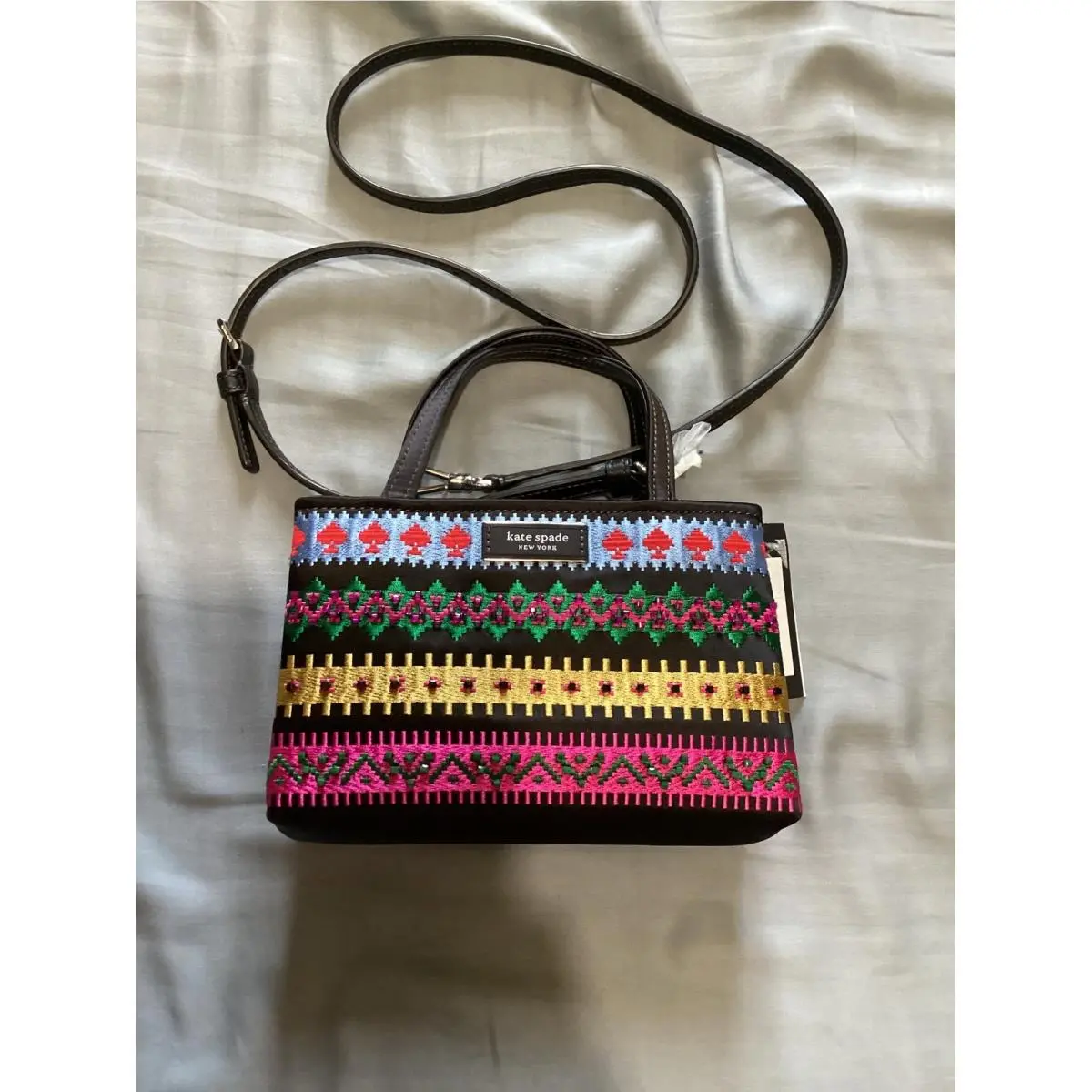 Kate Spade Sam Icon Carnival Fair Mini Tote Black Multi Embroidery Bag Festival