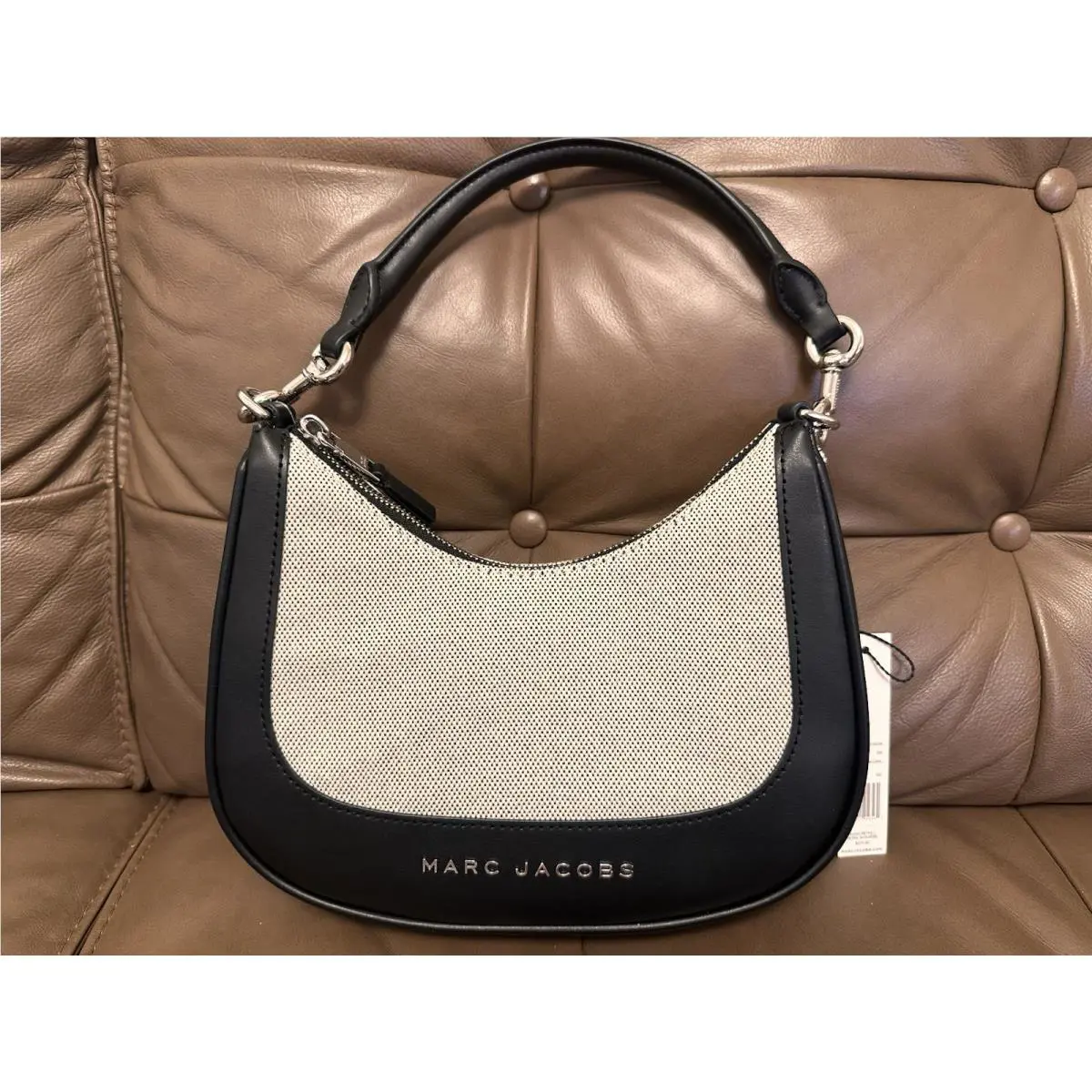 Marc Jacobs Natural Black Canvas Leather Hobo Shoulder Handbag Purse