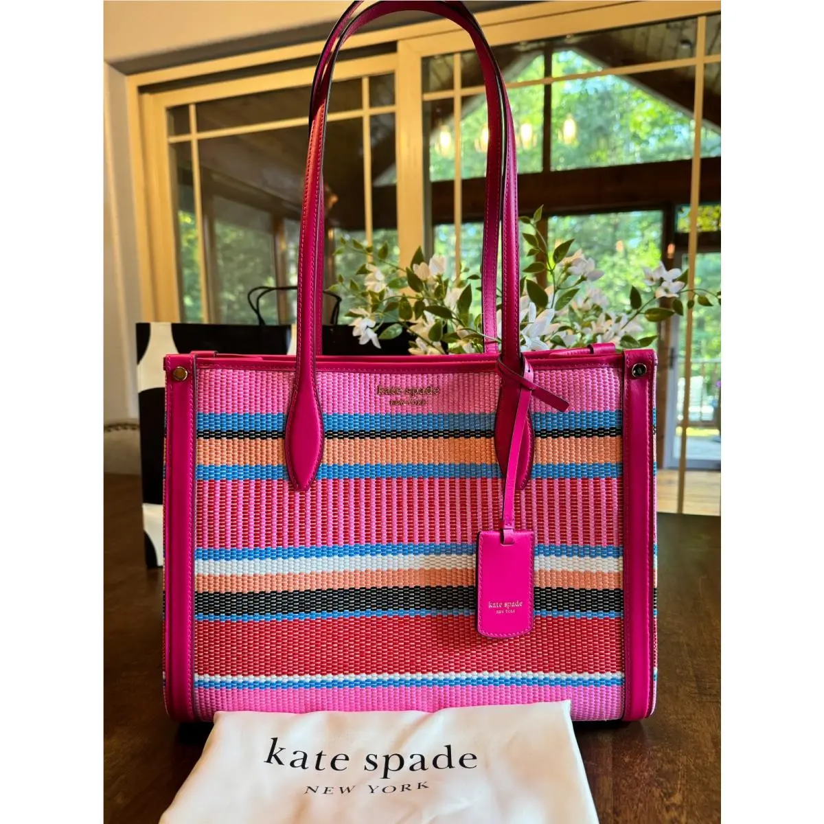 Kate Spade Market Striped Woven Straw Medium Tote Dust Bag - Wild Raspberry