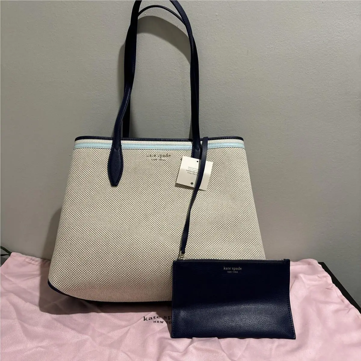 Kate Spade All Day Canvas Large Tote Blue Multi W/pouch PXR00390 Dust Bag-read