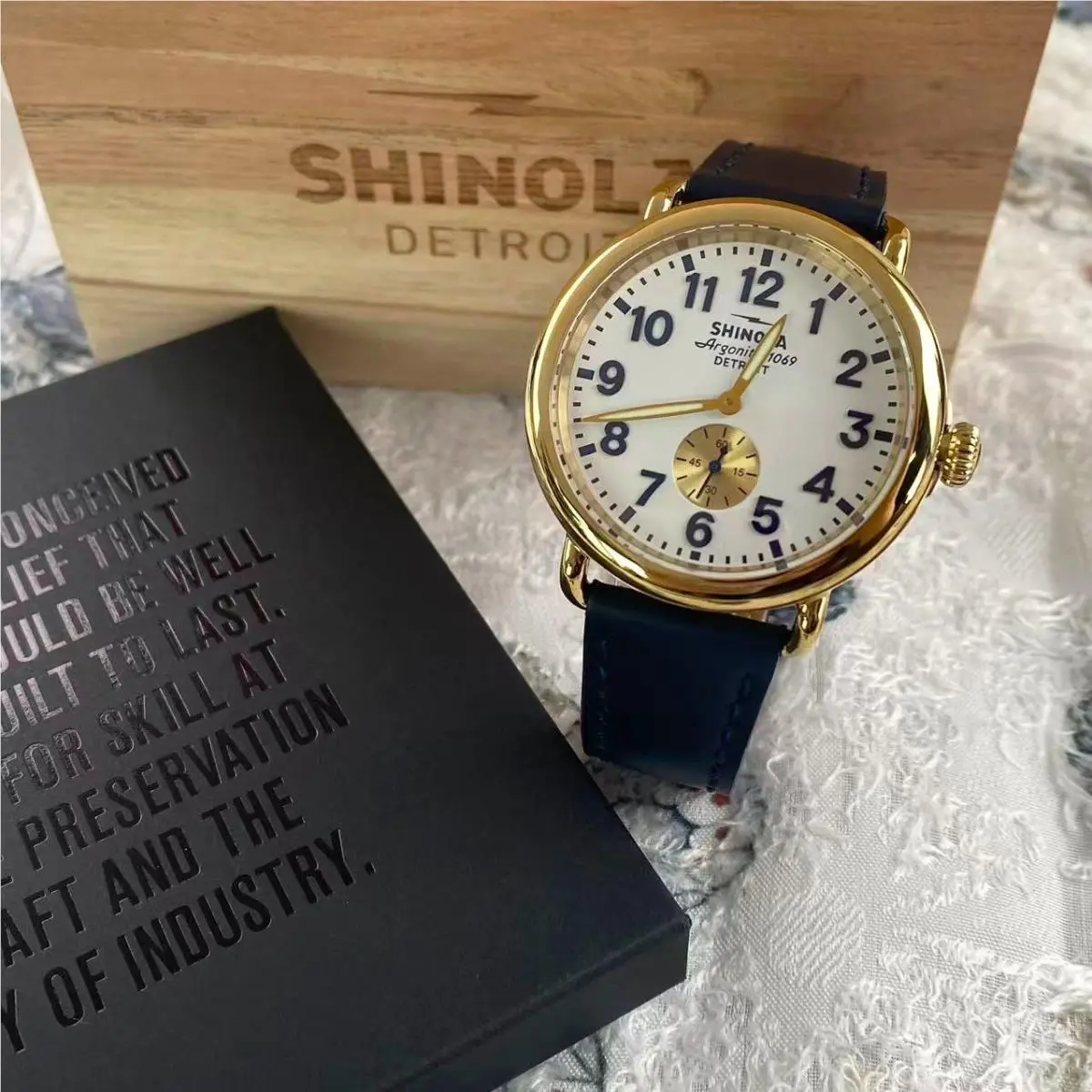 The Runwell 41mm White Dial Navy Leather Strap Men’s Quartz Watch by Shinola