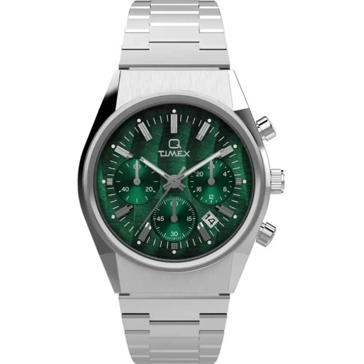 Timex Men`s Watch Q Timex Chronograph Green Dial Silver Bracelet TW2W33600VQ
