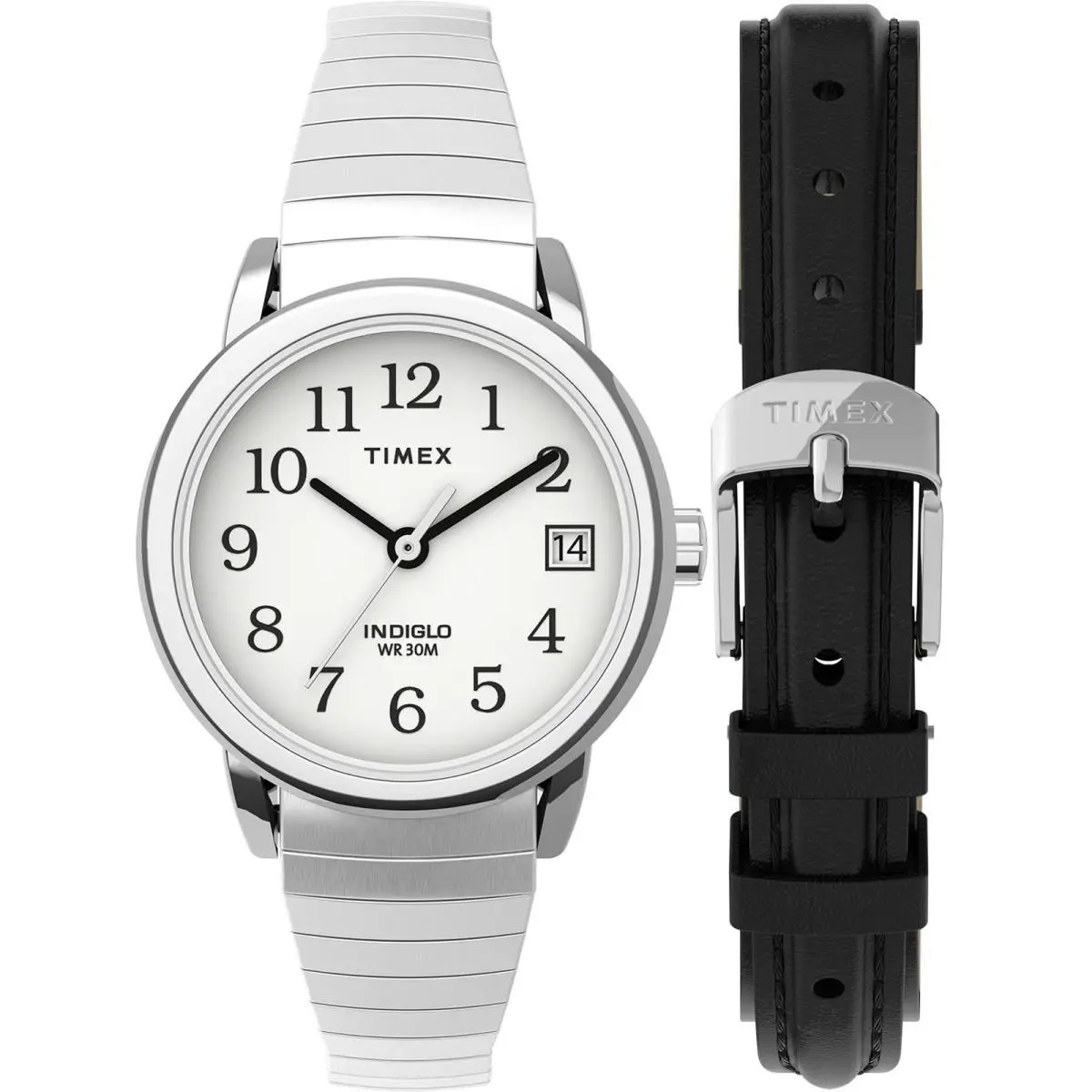 Timex Women`s Easy Reader 25mm Watch Expansion Band Leather Strap Silver-tone