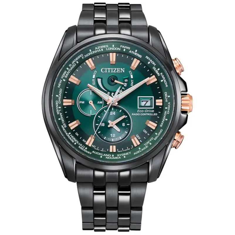 Citizen Eco-drive Radio Controlled Perpetual Gmt Men`s Watch AT9128-87X - Dial: Green, Band: Black, Bezel: Black