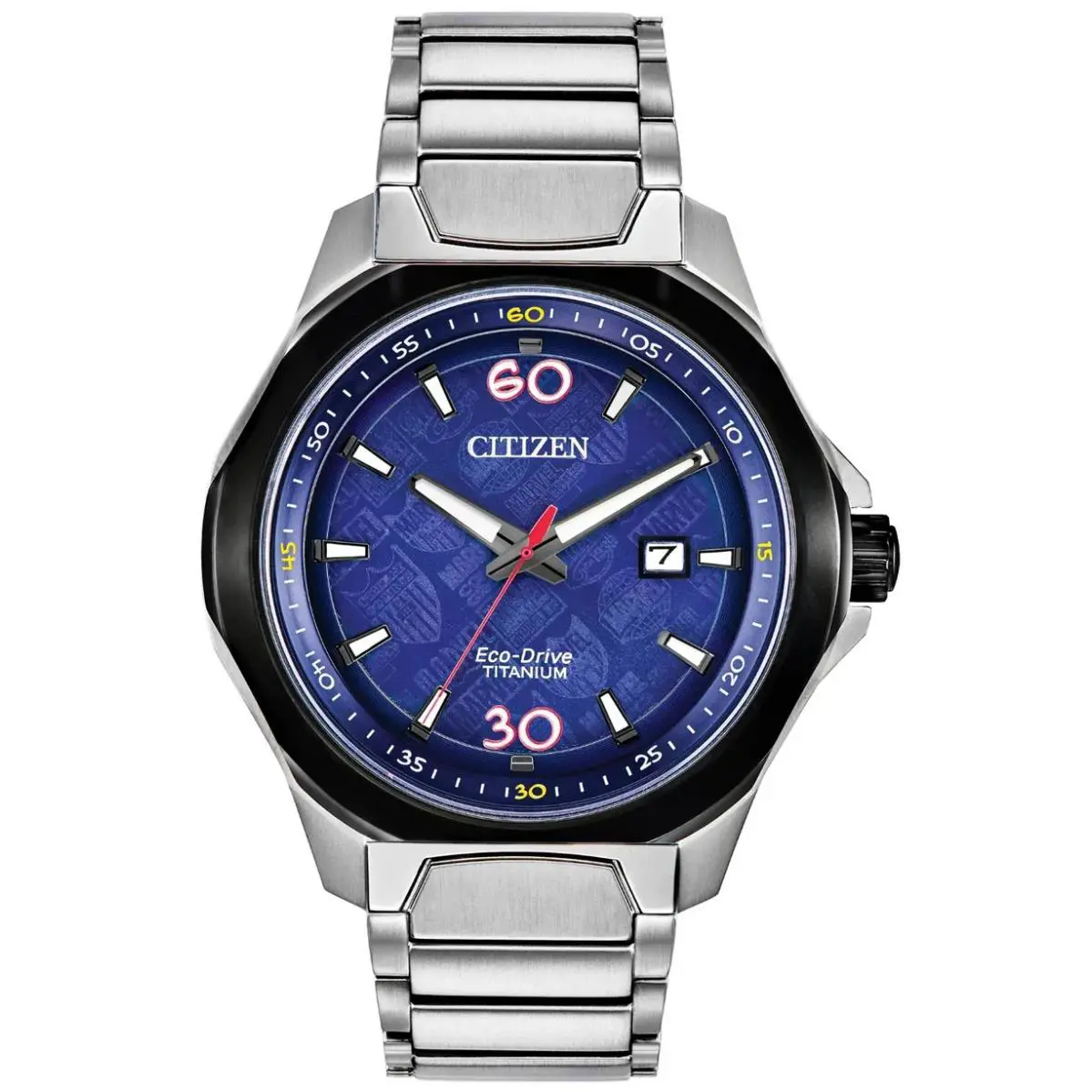 Citizen Marvel Super Titanium 80th Anniversary Edition Blue Watch AW1548-86W - Dial: Red, Blue, Band: Silver, Bezel: Black