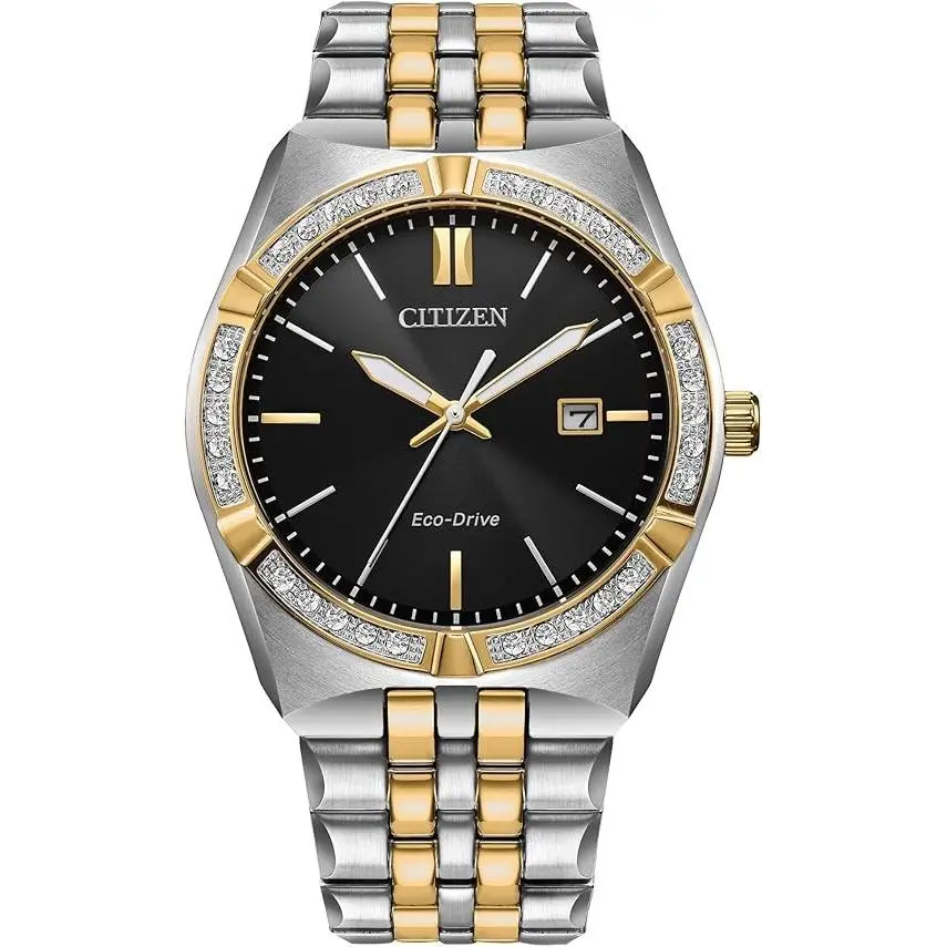Citizen Corso Diamond Bezel Black Dial Two-tone Stainless Steel Mens Watch - Strap: Two Tone
