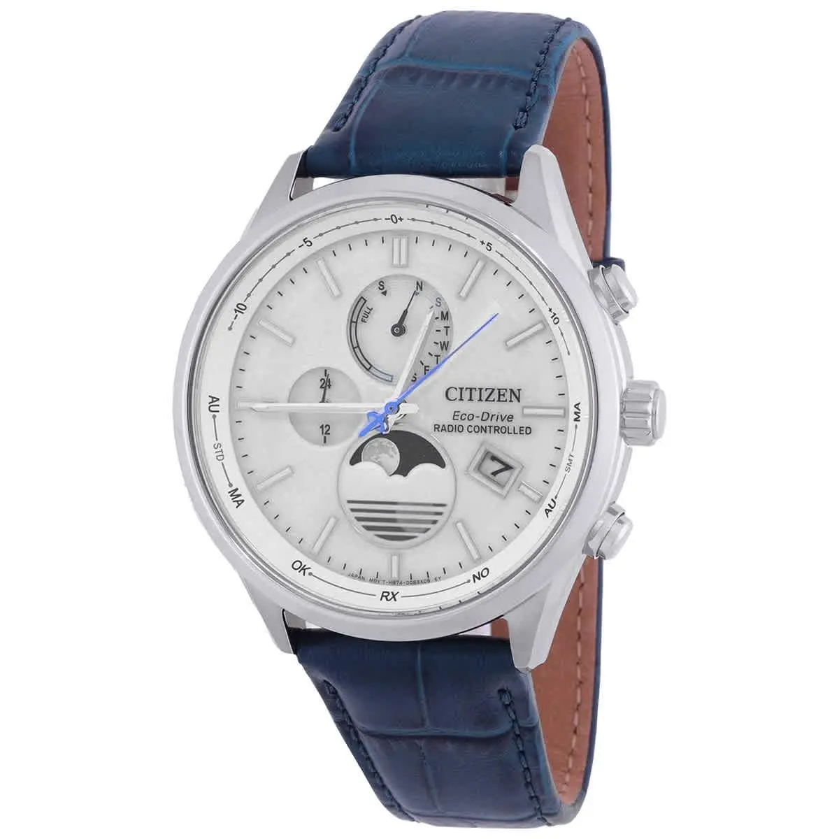 Citizen Eco-drive Radio-controlled Moon Phase White Dial Men`s Watch BY1030-09A - White, Dial: White, Band: Blue