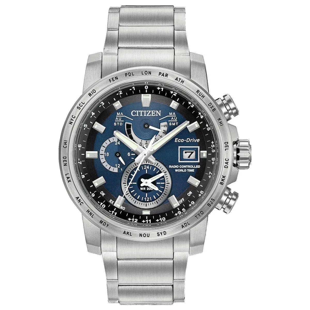Citizen Radio Controlled World Time Eco-drive Solar A-t Blue Dial Mens Watch - Dial: Black, Silver, Blue, Band: Silver, Bezel: Silver, Black