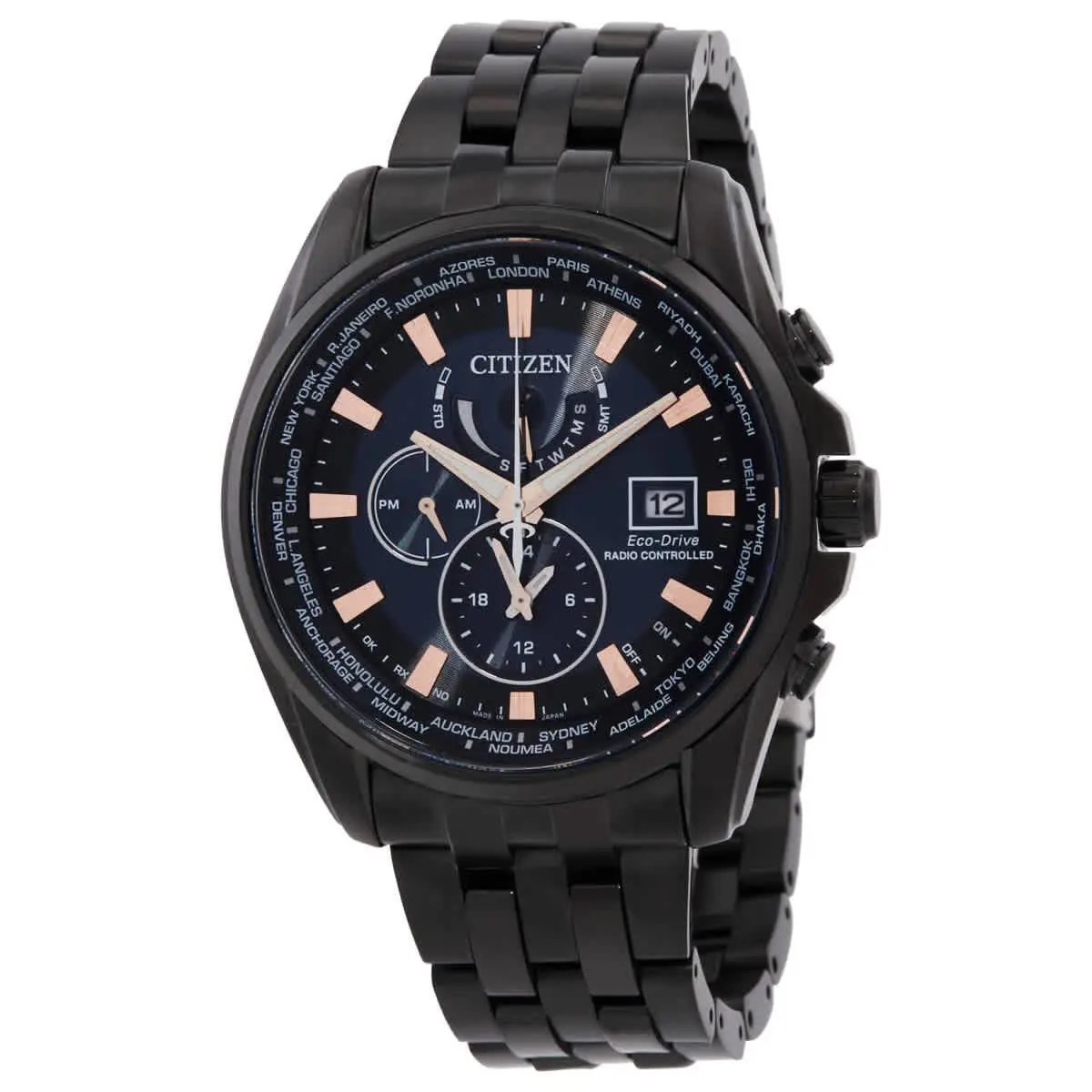 Citizen Eco-drive Perpetual Alarm World Time Gmt Black Dial Men`s Watch