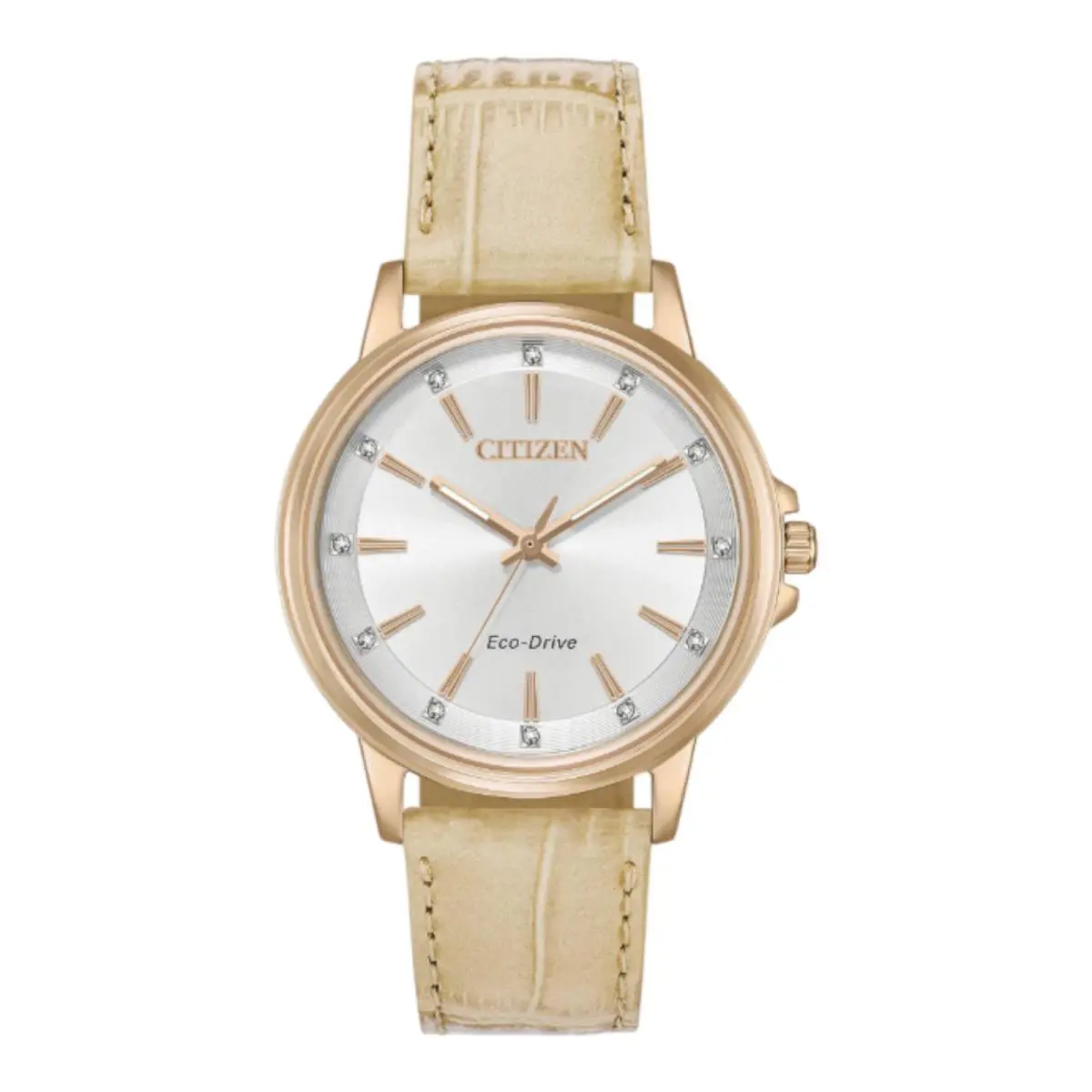 Citizen FE7033-08A Ladies Chandler Eco Drive Silver Dial 37 mm Watch - Dial: Silver, Band: Taupe, Bezel: Rose Gold
