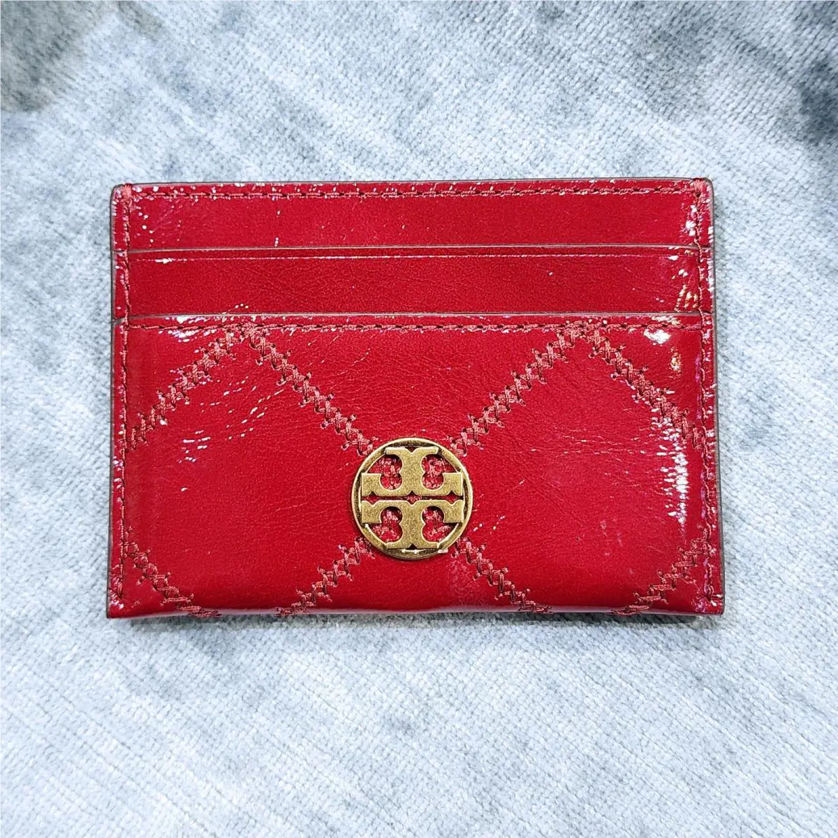 Tory Burch Willa Berry Shine Quilted Crinkle Leather Slim Card Case 165923