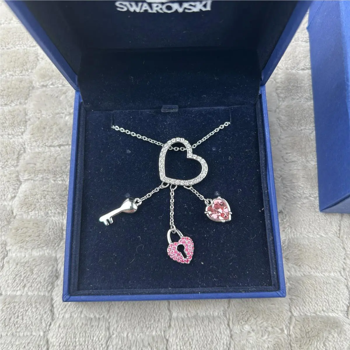 Swarovski Pink Heart Key Pendant Necklace Silver Rhodium /w Box