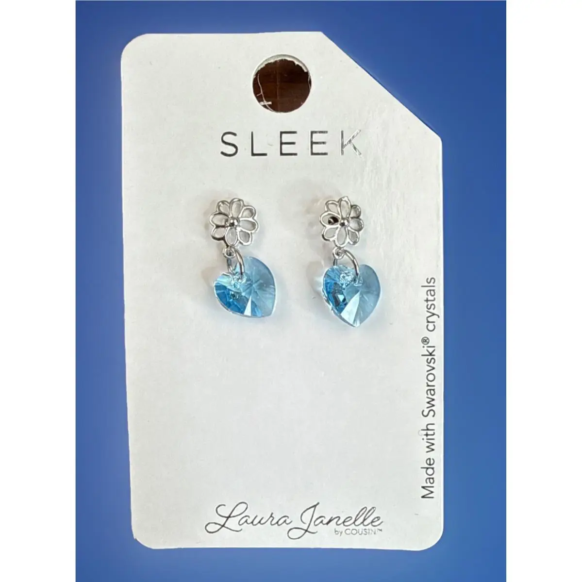 Laura Janelle Swarovski Crystal Earrings Blue Heart w/ Flower Silver Stud Nip
