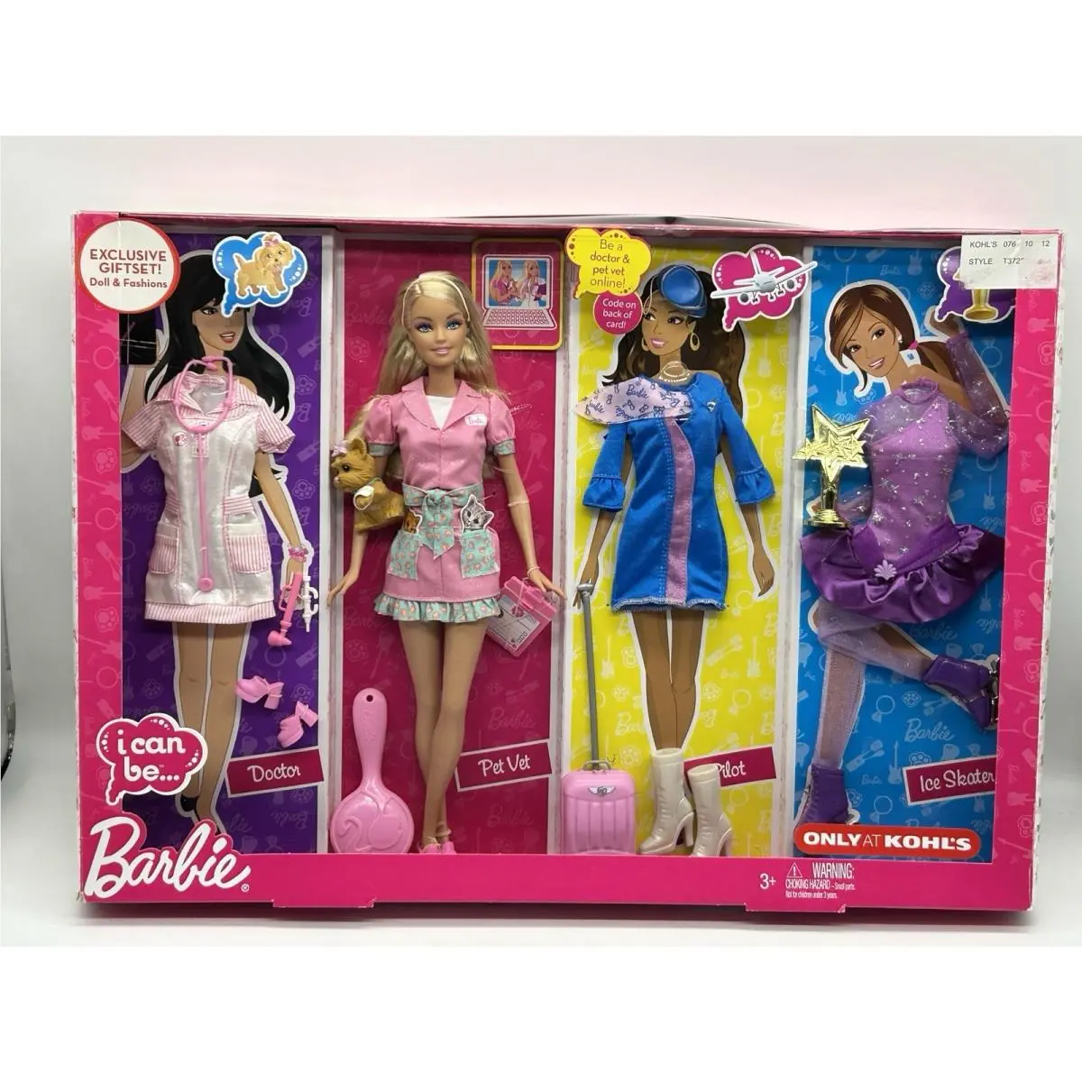 2009 Barbie I Can Be 4 Doll Career Set Doctor Pet Vet Pilot Ice Skater T3720