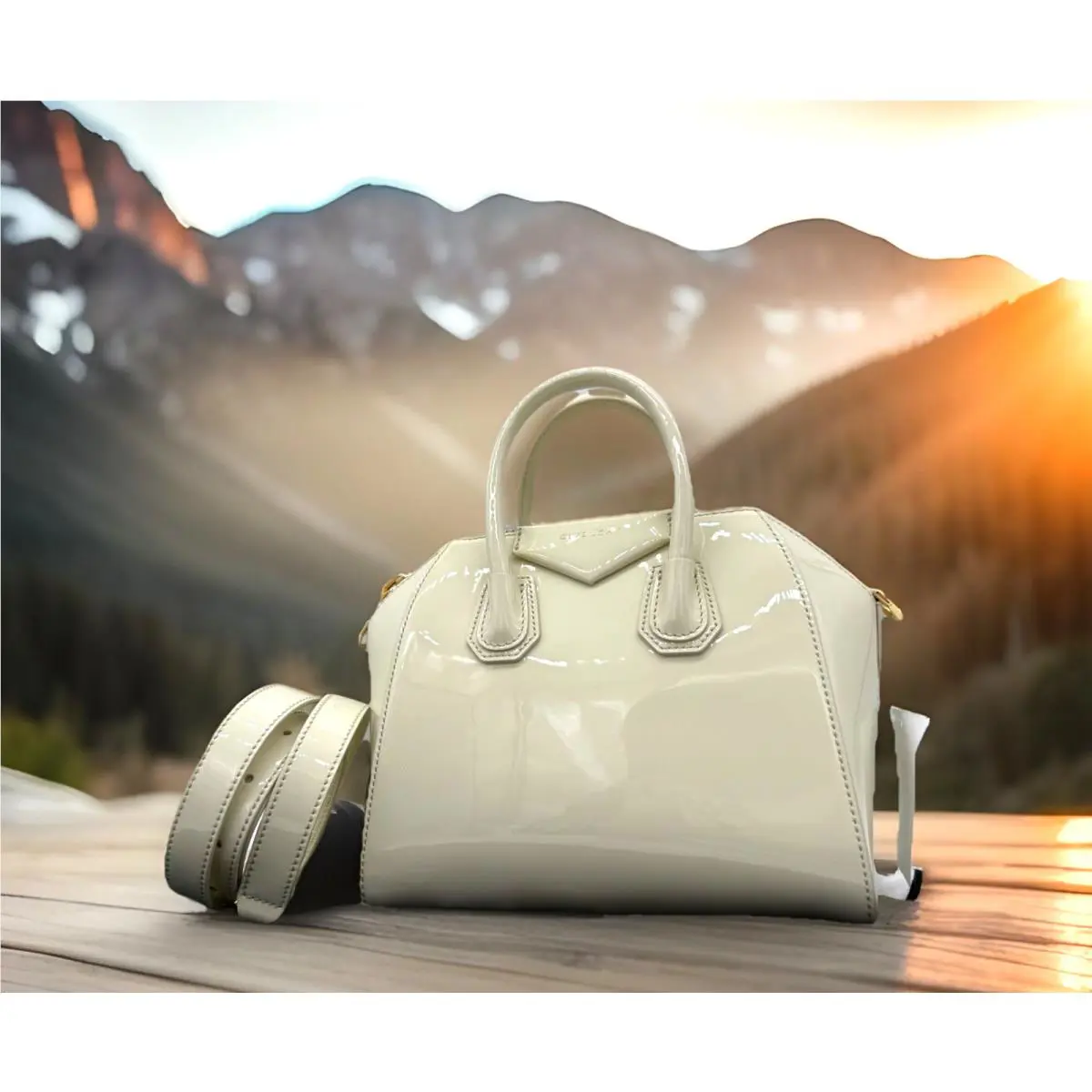 Givenchy Mini Antigona Patent Leather Top Handles Satchel-cream