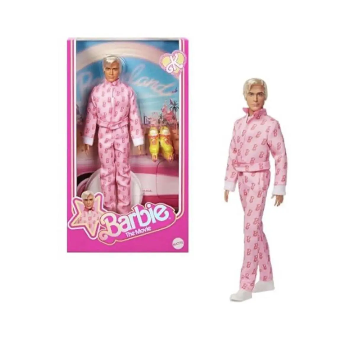 Barbie The Movie Ryan Gosling as Ken Doll Wearing Pink Jumpsuit Shipping Box