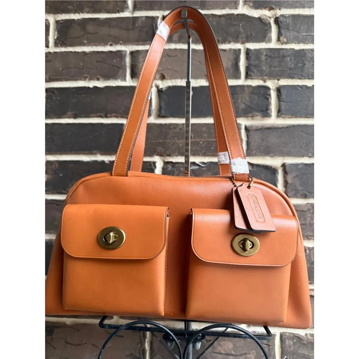 Coach Twin Turnlock Bag Satchel Smooth Leather Dark Brass Toffee